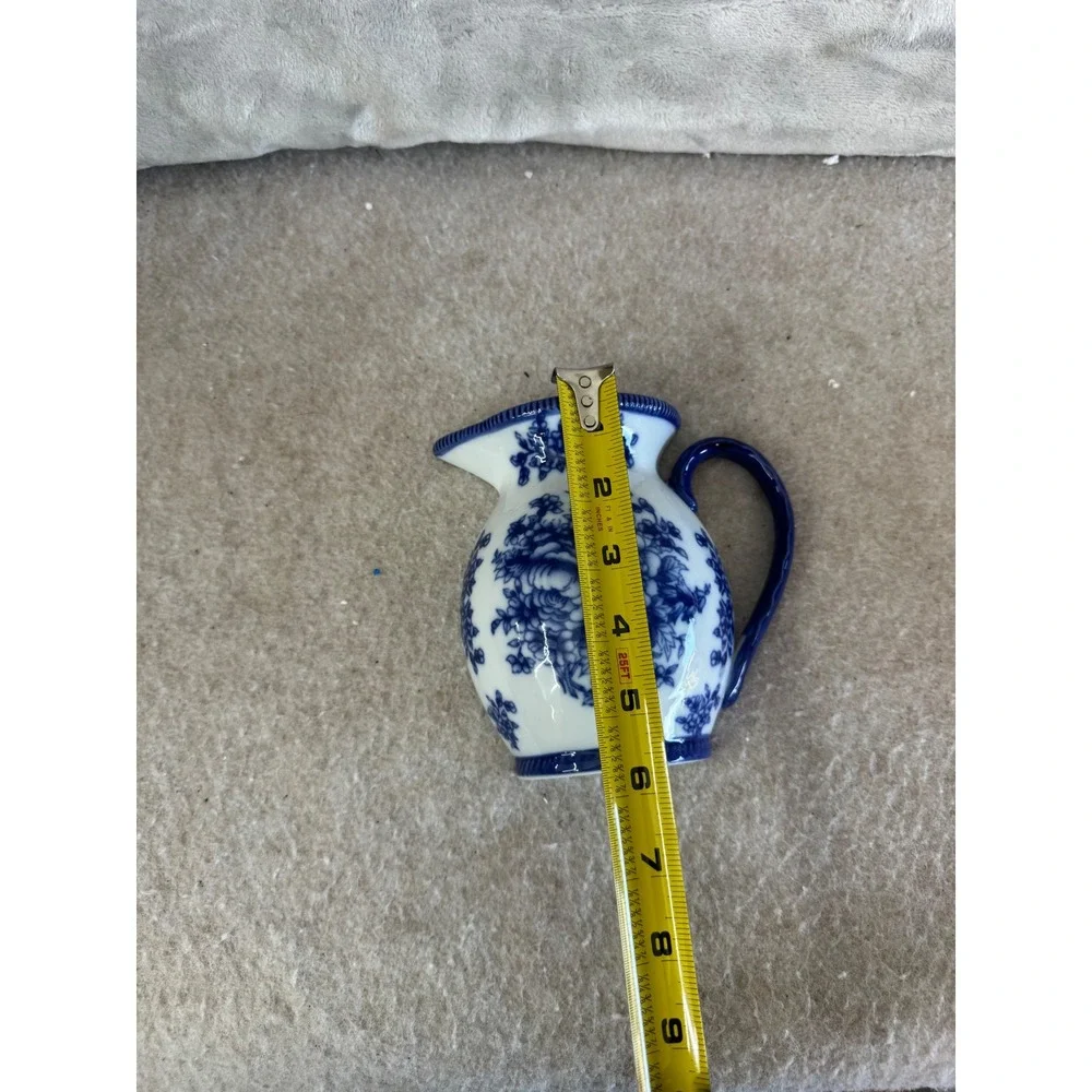 Blue White Floral Porcelain Pitcher Creamer Set 6pc Flow Blue Style Victorian